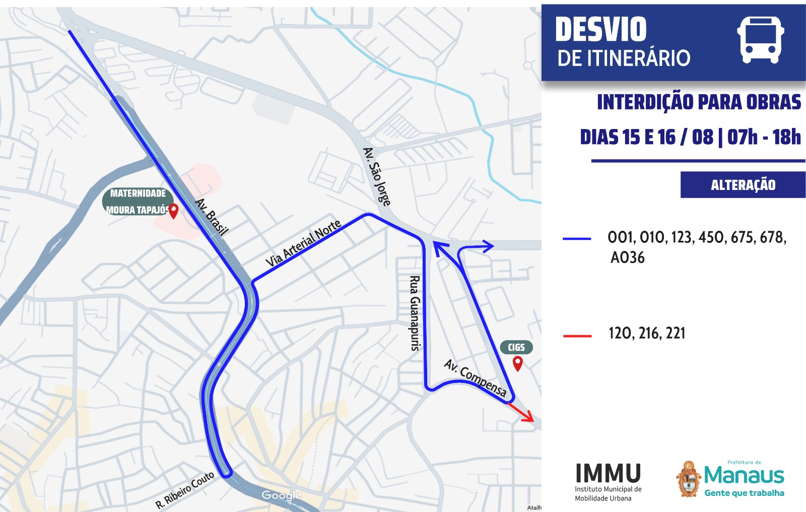 Prefeitura de Manaus orienta sobre desvios do transporte coletivo durante interdições para obras do Complexo Viário Passarão
